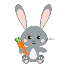 Image of sweet cute grey bunny rabbit in sitting pose with carrot in paw