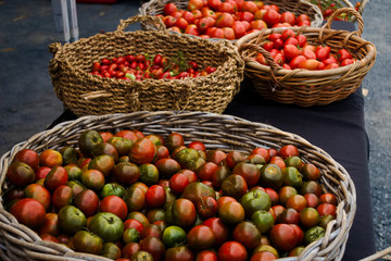 Harvest of fresh organic tomatoes. Top view on basket with colorful tomatoes