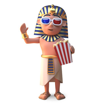 Egyptian Pharaoh Tutankhamen Watches 3d Movie Eating Popcorn, 3d Illustration