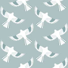 Blue mockingbird Seamless Pattern. This is a white, green, and blue repeat pattern inspired by mockingbirds and geometric lines. You can enjoy this on packaging, wallpaper, or backgrounds.