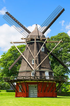 Historic wooden wildmill near fort Kastellet, Churchill Park, Copenhagen, Denmark