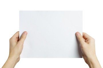 Hands holding a sheet of white paper, isolated on white background