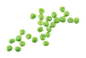 Fresh green peas on a white background, top view.