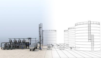 Obraz premium oil refinery, chemical production, waste processing plant, exterior visualization, 3D illustration