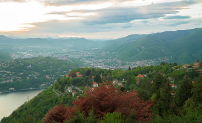 Beautiful view of the sunset on the Brunate mountain.