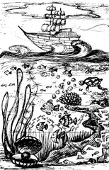 sailboat on waves and underwater world, coloring page