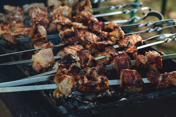 Preparation of shish kebab on the street close-up