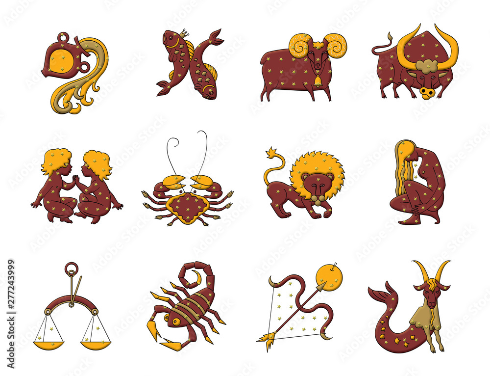 Wall mural set of twelve signs of the zodiac. prediction of the future. isolated on white background