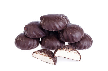 Chocolate covered marshmallows, traditional russian zephyr, isolated on white background.