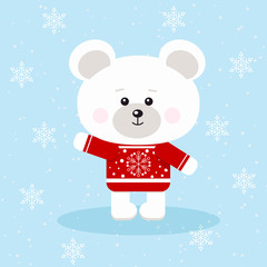 A cute christmas polar bear in red sweater with snowflake in snow background in cartoon flat style.