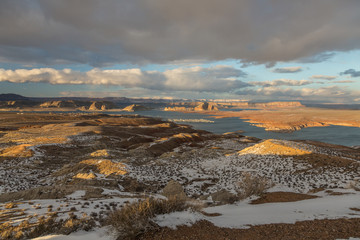 Wahweap Bay at sunset time after snow storm