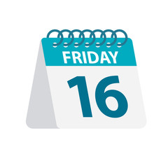 Friday 16 - Calendar Icon. Vector illustration of week day paper leaf. Calendar Template