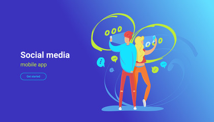 Social media chat for friends concept vector illustration of young people using smartphones for sending messages to each other