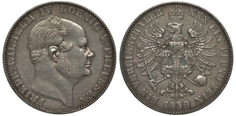 Germany German Prussia Prussian silver coin 1 one thaler 1859, head of King Friedrich Wilhelm IV...