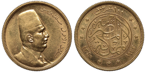 Egypt Egyptian golden coin 100 one hundred piastres 1922, head of King Fuad I in fez right, denomination above center circle with signs in Arabic, dates and three stars below,