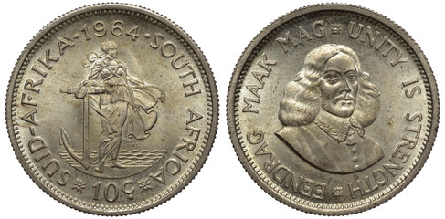 South Africa African silver coin 10 ten cents 1964, woman in ancient dress leaning on anchor, sea behinds, bust of Jan van Riebeeck in 1/4 right, bilingual legends,