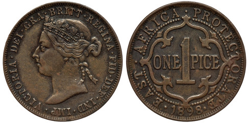 British East Africa Protectorate copper coin 1 pice 1898, head of Queen Victoria left, denomination...
