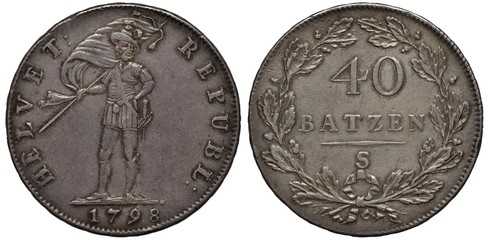Switzerland Swiss silver coin 40 forty batzen 1798, warrior with flag and sword, denomination...