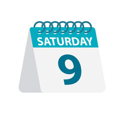 Saturday 9 - Calendar Icon. Vector illustration of week day paper leaf. Calendar Template