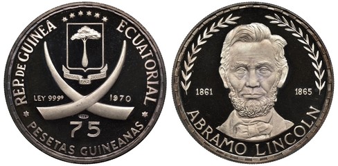 Equatorial Guinea Guinean silver coin 75 seventy five pesetas 1970, subject President Abraham Lincoln, shield with tree above ribbon and crossed tusks, bust facing divides dates,