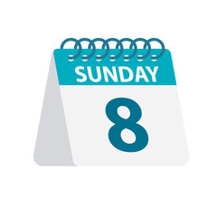 Sunday 8 - Calendar Icon. Vector illustration of week day paper leaf. Calendar Template