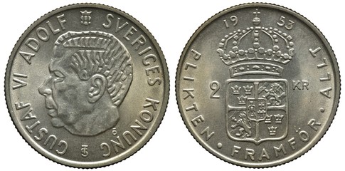Sweden Swedish silver coin 2 two kronor 1953, regular issue, head of King Gustaf VI Adolf left, royal arms, crowned shield with crowns and lions divides denomination, 