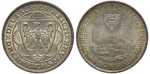 Germany German silver coin 3 three mark 1931, subject 300th Anniversary Magdeburg Rebuilding, shield with eagle within central circle, city view within beaded circle, shield above divides dates,