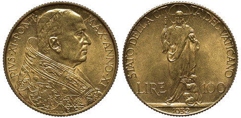 Vatican City golden coin 100 one hundred lire 1932, bust of Pope Pius XI in rich clothes right, Jesus Christ holding scepter and orb, child with crown below,