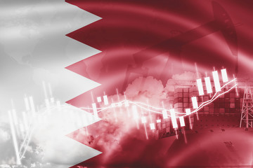 Bahrain flag, stock market, exchange economy and Trade, oil production, container ship in export and import business and logistics.