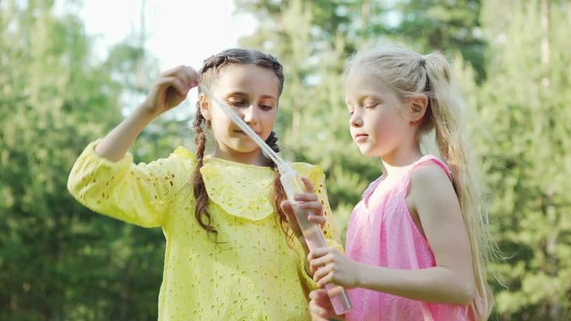 Two beautiful little girls sharing bubble wand and blowing soap bubbles together in summer park