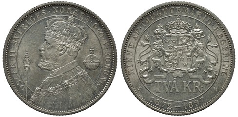 Sweden Swedish silver coin 2 two kronor 1897, subject Silver Jubilee, bust of King Oscar II between...