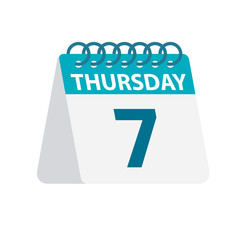 Thursday 7 - Calendar Icon. Vector illustration of week day paper leaf. Calendar Template