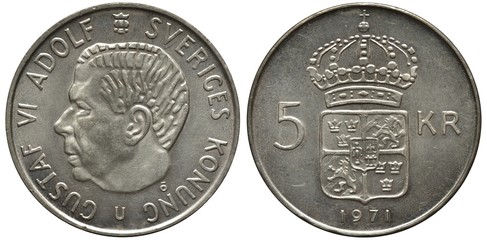 Sweden Swedish silver coin 5 five kronor 1971, regular issue, head of King Gustaf VI Adolf left, crowned shield divides denomination, date below, 
