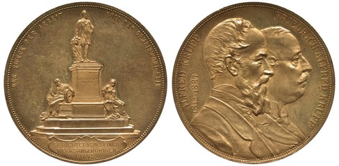 Germany German medal circa 1892 commemorating German industrialist Alfred Krupp, figure on...
