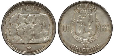 Belgium Belgian silver coin 100 one hundred francs 1950, conjoined heads left to right of Leopold I, Leopold II, Albert I and Leopold III, crowned shield with lion surrounded by order chain, 