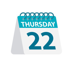 Thursday 22 - Calendar Icon. Vector illustration of week day paper leaf. Calendar Template