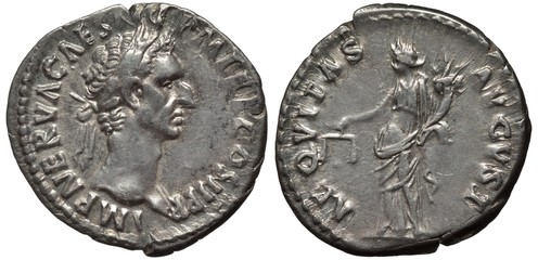 Roman Empire coin denarius 97 AD, laureate head of Emperor Nerva, female holding scales and horn of...
