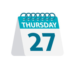 Thursday 27 - Calendar Icon. Vector illustration of week day paper leaf. Calendar Template