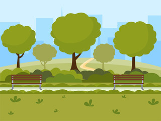 City park flat vector illustration. Outdoor leisure on nature public place, green trees, wooden benches and modern buildings silhouettes landscape. Recreational urban park cartoon drawing