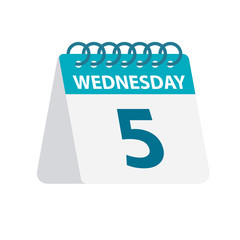 Wednesday 5 - Calendar Icon. Vector illustration of week day paper leaf. Calendar Template
