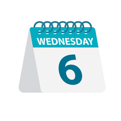 Wednesday 6 - Calendar Icon. Vector illustration of week day paper leaf. Calendar Template