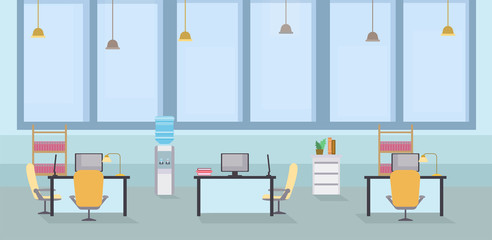 Empty office interior cartoon vector illustration. Coworking open space, tables with chairs in workplace, computer monitors and lamps on desktops. Workspace with modern furniture color drawing