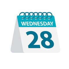 Wednesday 28 - Calendar Icon. Vector illustration of week day paper leaf. Calendar Template