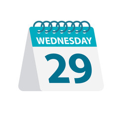 Wednesday 29 - Calendar Icon. Vector illustration of week day paper leaf. Calendar Template