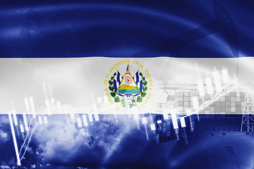 El Salvador flag, stock market, exchange economy and Trade, oil production, container ship in export and import business and logistics.