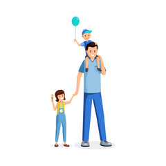 Father standing with kids flat vector illustration. Babysitter, young parent celebrating family holiday with children cartoon characters. Man holding happy daughter hand, carrying son on shoulders