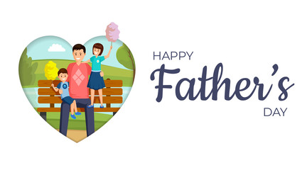 Happy father day vector banner template. Smiling son and daughter sitting on bench in park with daddy cartoon characters. Happy family eating sweet cotton candy flat illustration with typography