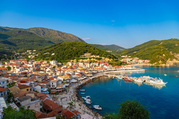 Naklejka na ściany i meble Beautiful panoramic view of Parga, a small Greek village near the Ionian sea, Greece.