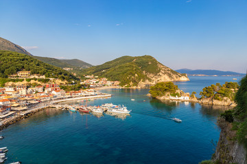 Beautiful panoramic view of Parga port. A small Greek village near the Ionian sea, Greece.