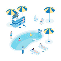 Summer rest near pool isometric vector illustration. Tourists with children, hotel staff 3D cartoon characters. Little kids swim, women sunbathing, waiter holding serving tray with cocktails